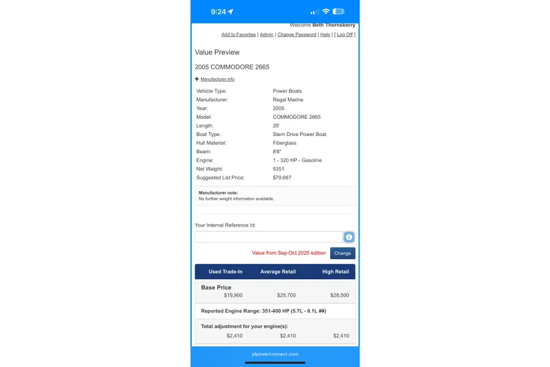 Slide: The Image of 2005 Regal Commodore 2665 power boat value preview with pricing details. - 34
