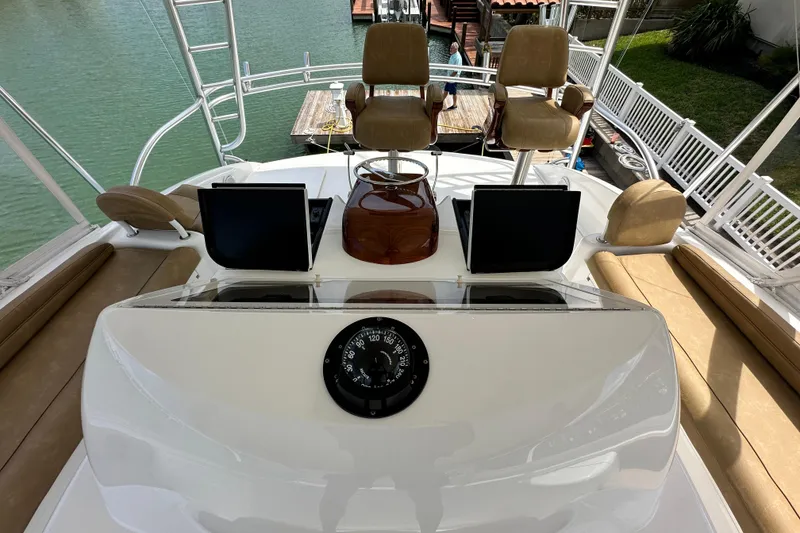Slide: The Image of Flybridge of 2017 Viking 55 Convertible yacht with helm chairs and navigation equipment. - 37
