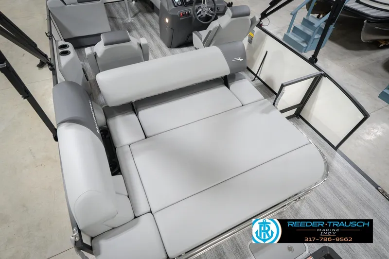Slide: The Image of 2026 Bennington 22 SSB pontoon boat interior with gray seating and modern design. - 15