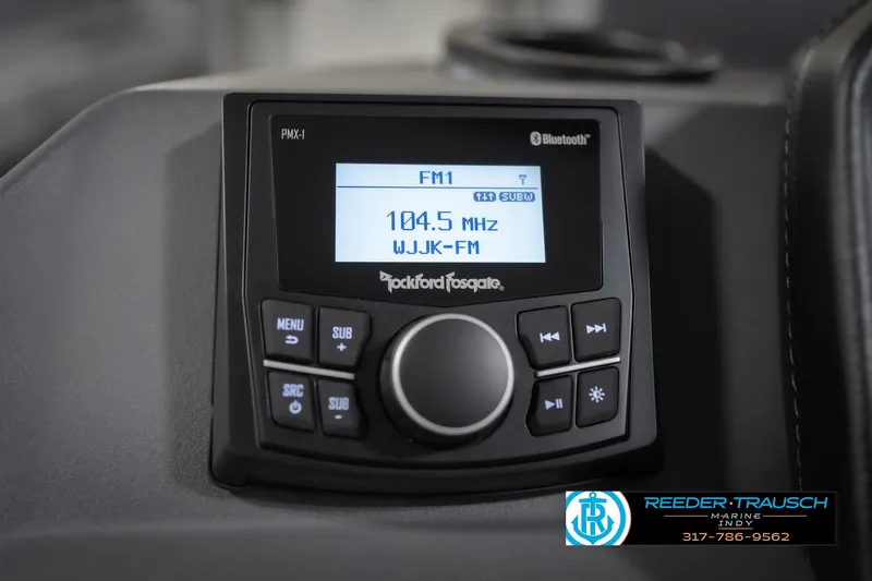 Slide: The Image of Rockford Fosgate PMX-1 stereo system in 2026 Bennington 22 SSB boat, tuned to 104.5 MHz. - 34