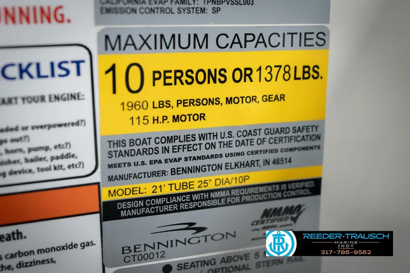 Slide: The Image of 2026 Bennington 22 SSB capacity label: 10 persons, 1378 lbs, 115 HP motor. - 62