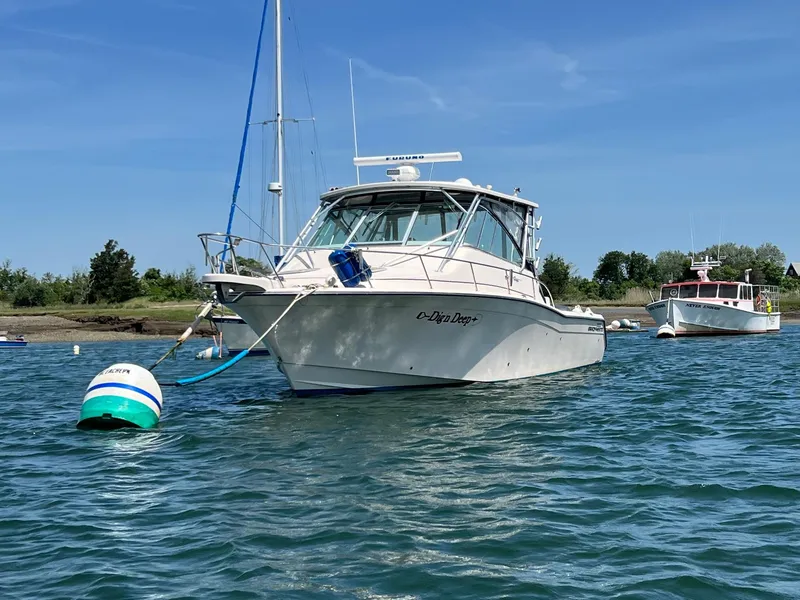 Slide: The Image of 2006 Grady-White Express 360 boat moored on calm water under clear blue sky. - 3