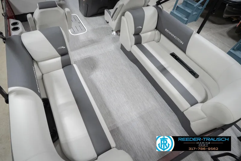 Slide: The Image of Interior of 2026 Bennington 22 SSR pontoon boat with gray and white seating. - 13