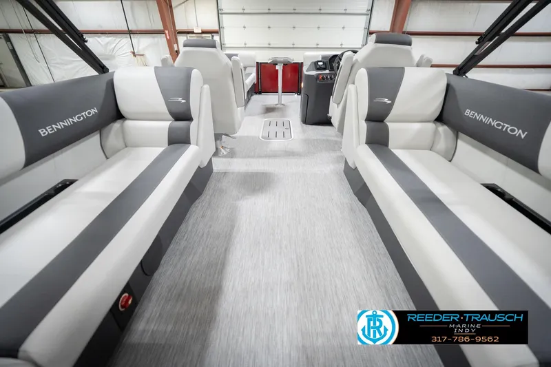 Slide: The Image of 2026 Bennington 22 SSR pontoon boat interior with gray seating and modern design. - 17