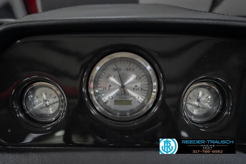 Slide: The Image of Dashboard gauges of 2026 Bennington 22 SSR boat, featuring RPM, trim, and fuel indicators. - 34