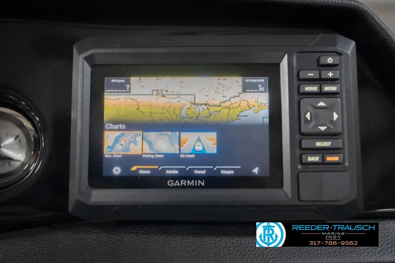 Slide: The Image of Garmin navigation system on 2026 Bennington 22 SSR boat dashboard, featuring charts and controls. - 35