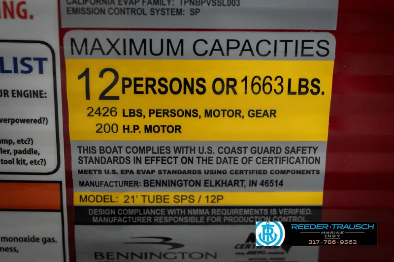 Slide: The Image of 2026 Bennington 22 SSR capacity label: 12 persons, 1663 lbs, 200 HP motor compliance. - 51