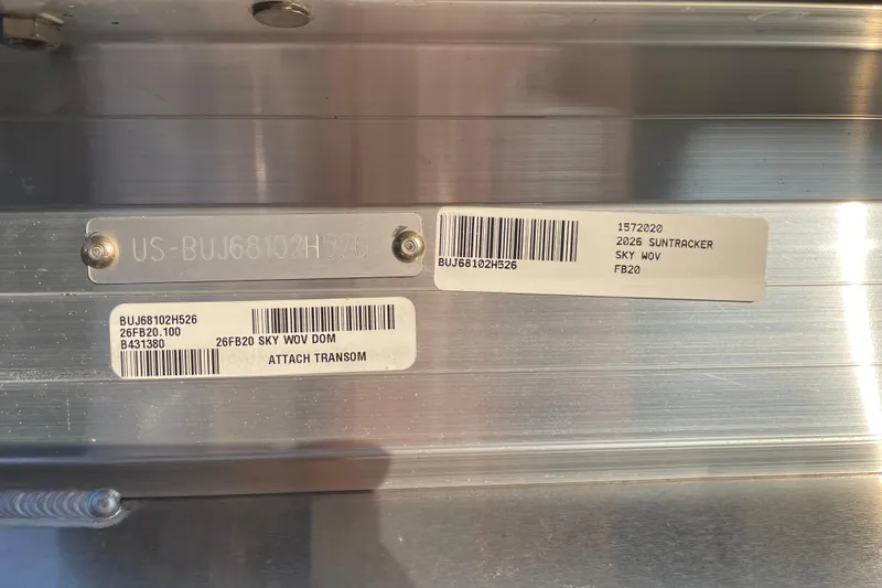 Slide: The Image of 2026 Sun Tracker Fishin' Barge 20 DLX identification tags and serial numbers. - 96