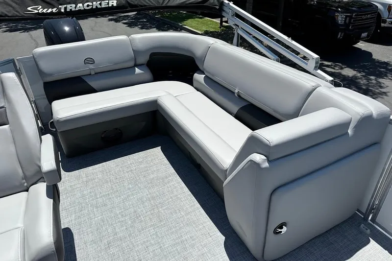 Slide: The Image of 2026 Sun Tracker Party Barge 20 DLX with spacious seating and modern design. - 14