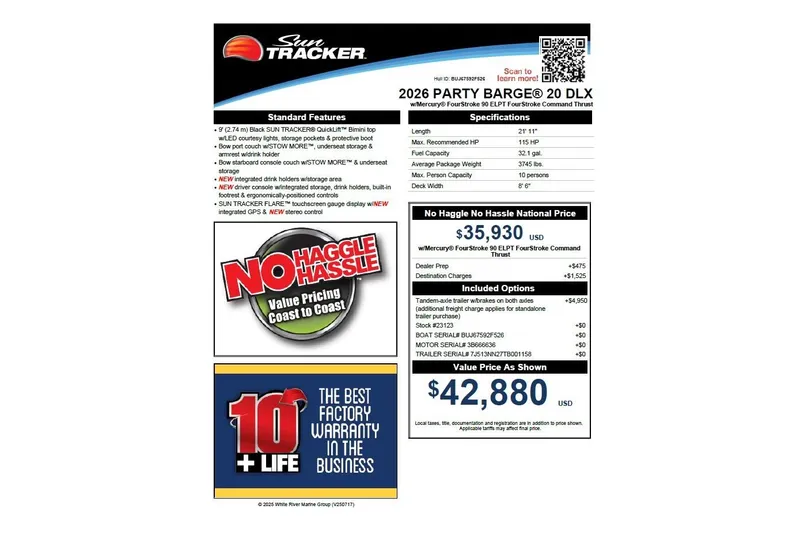 Slide: The Image of 2026 Sun Tracker Party Barge 20 DLX brochure with specifications and pricing details. - 37