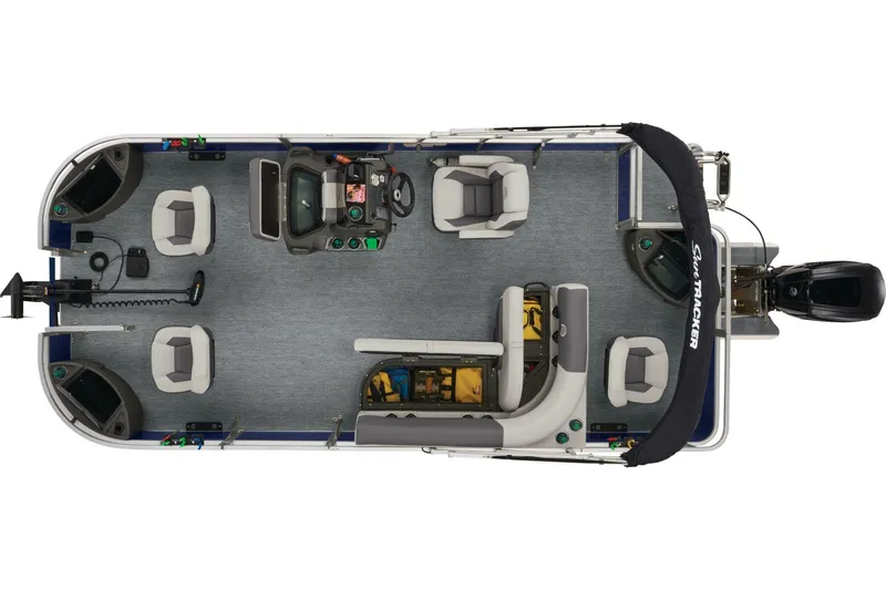 Slide: The Image of 2026 Sun Tracker Bass Buggy 18 DLX interior with gray seating and steering console. - 10