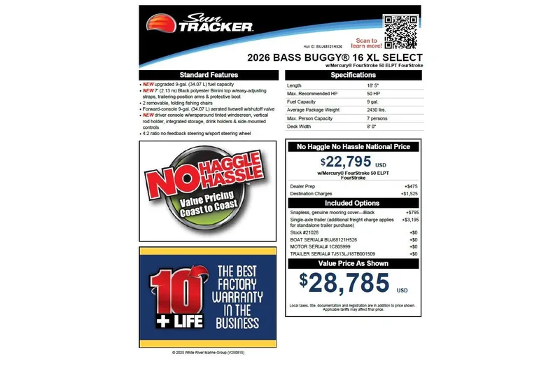 Slide: The Image of 2026 Sun Tracker Bass Buggy 16 XL Select features, pricing, and specifications overview. - 31