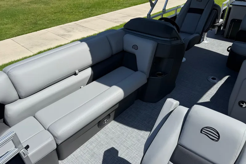 Slide: The Image of 2026 Sun Tracker SportFish 20 DLX interior with gray seating and modern design. - 71