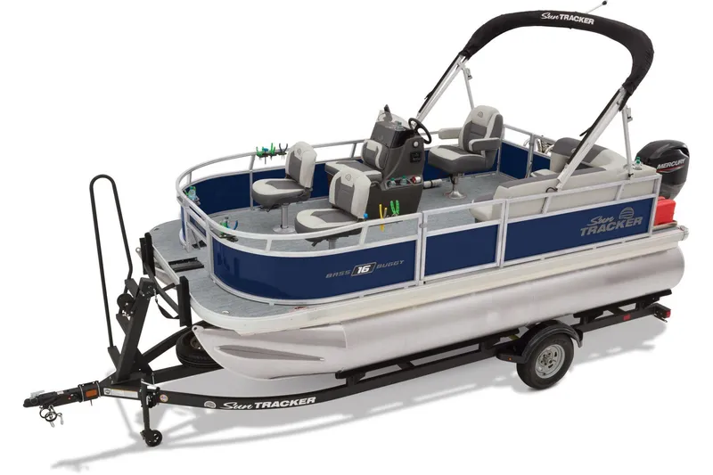 Slide: The Image of Interior of 2026 Sun Tracker Bass Buggy 16 XL Select pontoon boat with seating and steering console. - 4