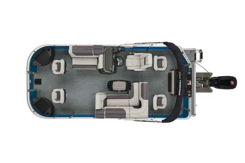 Slide: The Image of 2026 Sun Tracker Fishin' Barge 20 DLX interior with gray and white seating. - 11