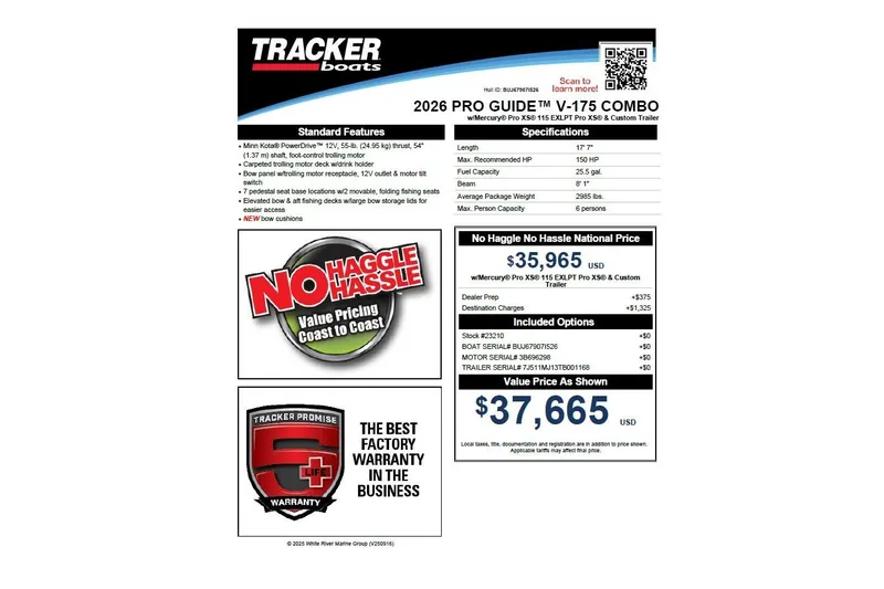 Slide: The Image of 2026 Tracker Pro Guide V-175 Combo boat features, pricing, and warranty details. - 61
