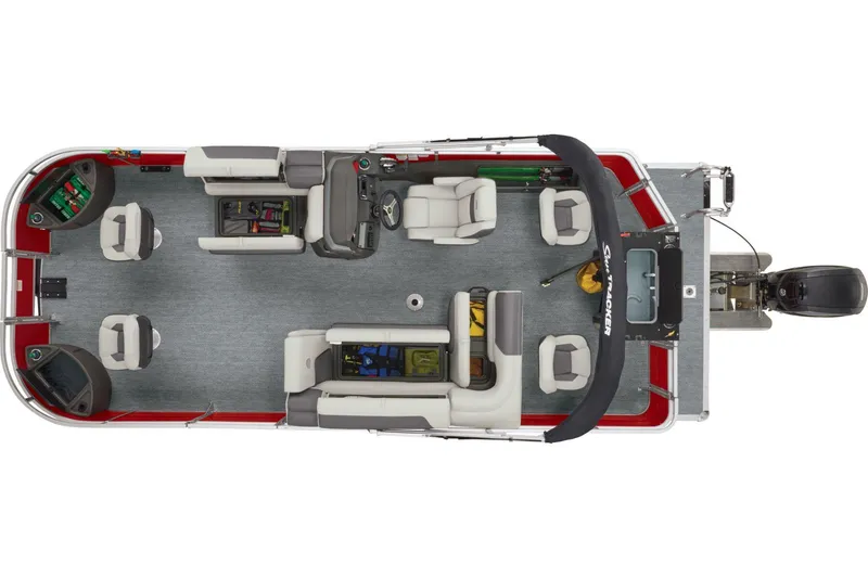 Slide: The Image of 2026 Sun Tracker Fishin' Barge 22 DLX interior with seating and control console. - 10