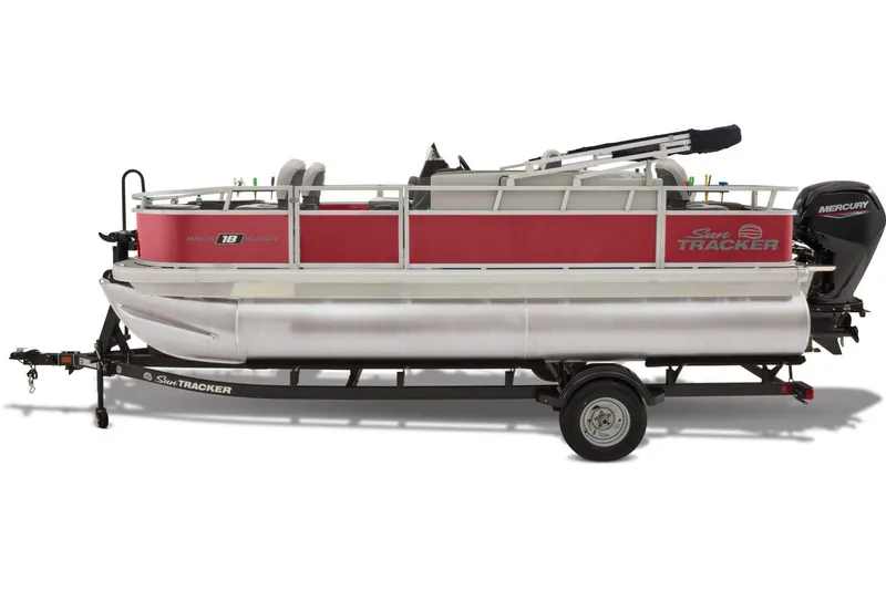 Slide: The Image of 2026 Sun Tracker Bass Buggy 18 DLX pontoon boat with red exterior and logo. - 6