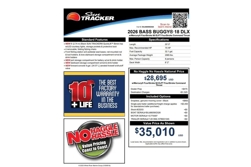 Slide: The Image of 2026 Sun Tracker Bass Buggy 18 DLX boat features, pricing, and warranty details. - 7