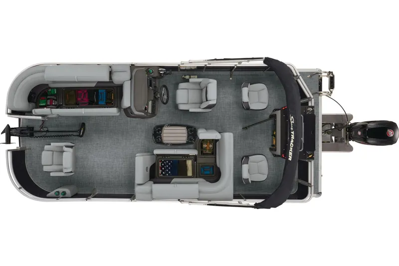 Slide: The Image of 2026 Sun Tracker SportFish 20 DLX pontoon boat, rear view with motor and canopy. - 11