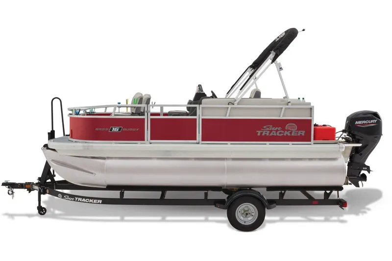 Slide: The Image of 2026 Sun Tracker Bass Buggy 16 XL Select pontoon boat on trailer, side view. - 9