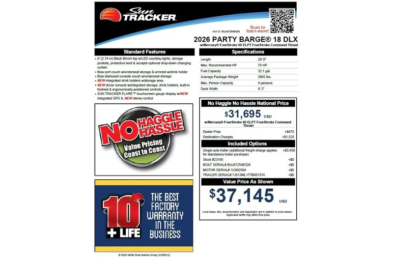 Slide: The Image of 2026 Sun Tracker Party Barge 18 DLX specifications and pricing details flyer. - 31
