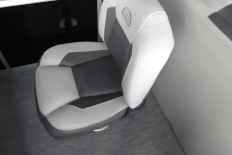 Slide: The Image of 2026 Sun Tracker Fishin' Barge 20 DLX boat seat, gray and white upholstery. - 15