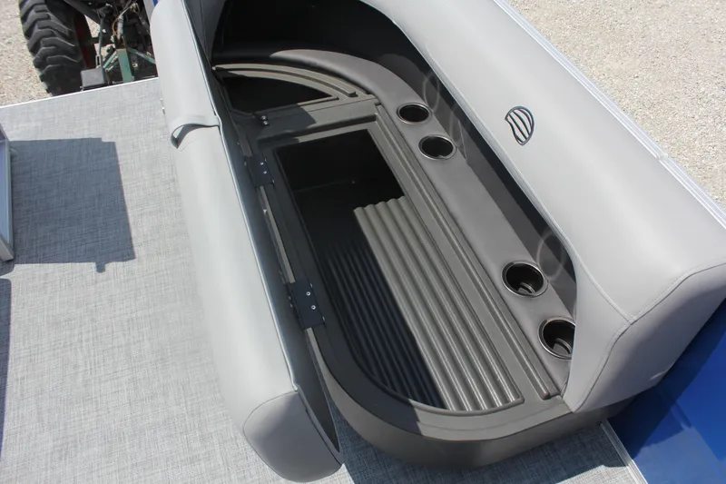 Slide: The Image of 2026 Sun Tracker Party Barge 16 DLX seating with storage and cup holders. - 9