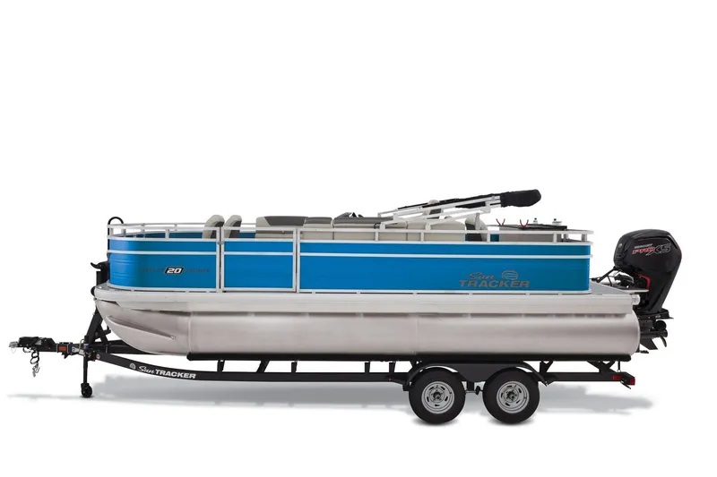 Slide: The Image of 2026 Sun Tracker Fishin' Barge 20 DLX interior with seating and console. - 5