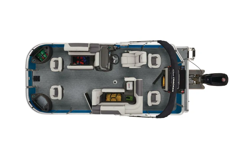 Slide: The Image of 2026 Sun Tracker Fishin' Barge 20 DLX steering console with modern controls and cup holder. - 12
