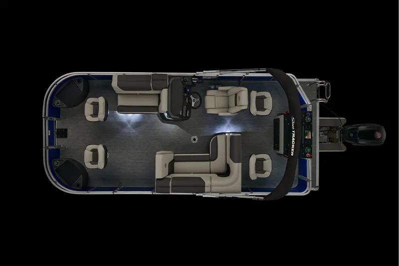 Slide: The Image of 2026 Sun Tracker Fishin' Barge 20 DLX pontoon boat with gray and white seating. - 13