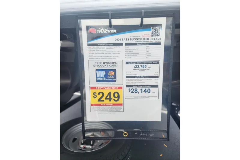 Slide: The Image of 2026 Sun Tracker Bass Buggy 16 XL Select price sheet with payment options and features. - 74