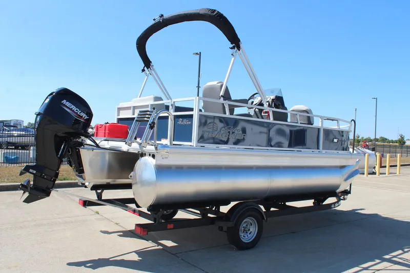 Slide: The Image of 2026 Sun Tracker Bass Buggy 16 XL Select pontoon boat with Mercury outboard motor. - 5