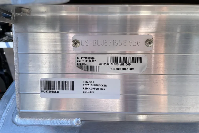 Slide: The Image of 2026 Sun Tracker Bass Buggy 16 XL Select identification plate with serial numbers. - 97