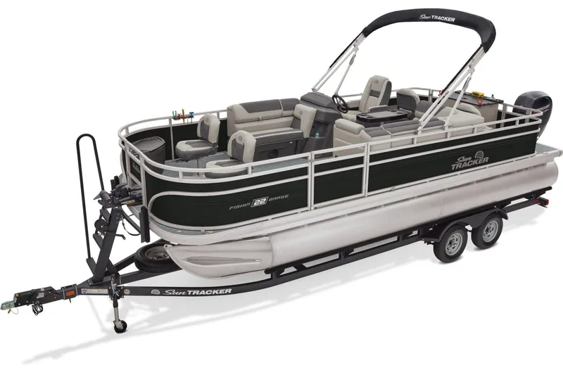 Slide: The Image of 2026 Sun Tracker Fishin' Barge 22 DLX pontoon boat with Mercury engine on trailer. - 3