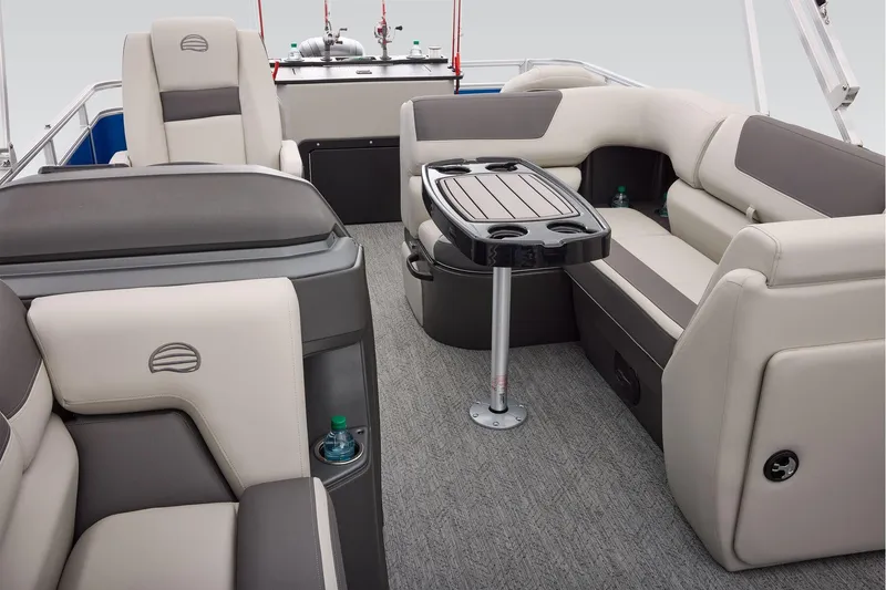 Slide: The Image of 2026 Sun Tracker Fishin' Barge 20 DLX interior with seating and fishing table. - 37