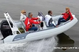 Slide: The Image of 2026 Gala A450HL boat with Tohatsu 60HP engine, cruising on water with passengers. - 10
