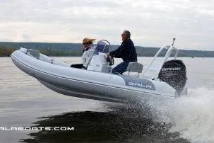 Slide: The Image of 2026 Gala A450HL boat with Tohatsu 60HP engine, speeding on water. - 11