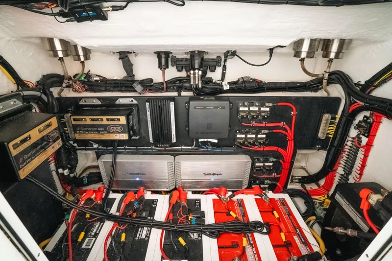 Slide: The Image of Electrical system of 2023 Front Runner 36 Center Console boat, featuring batteries and wiring. - 22
