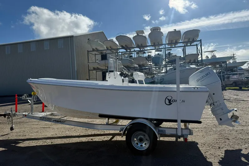 Slide: The Image of 2026 C-Hawk 190 Center Console SPL boat on trailer, outdoor storage facility. - 8