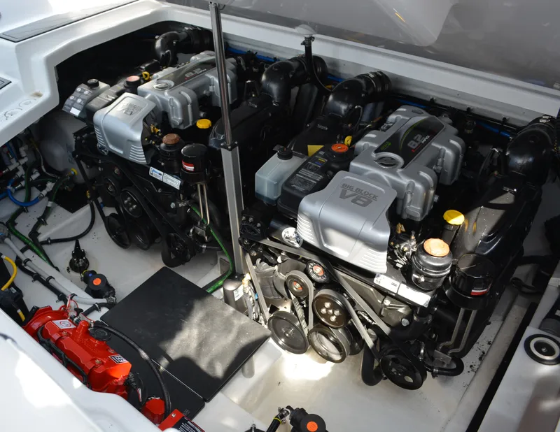 Slide: The Image of 2024 Monterey 378 Super Sport engine compartment with dual V8 engines. - 26