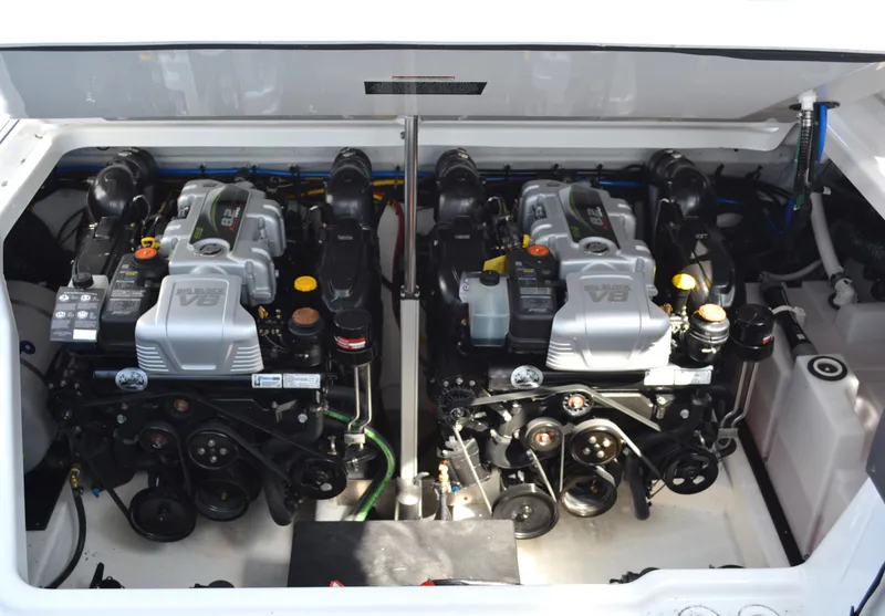 Slide: The Image of Twin V8 engines in the 2024 Monterey 378 Super Sport boat. - 27