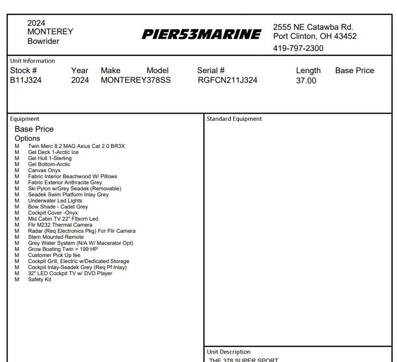 Slide: The Image of 2024 Monterey 378 Super Sport boat specifications and options list from Pier 53 Marine. - 29