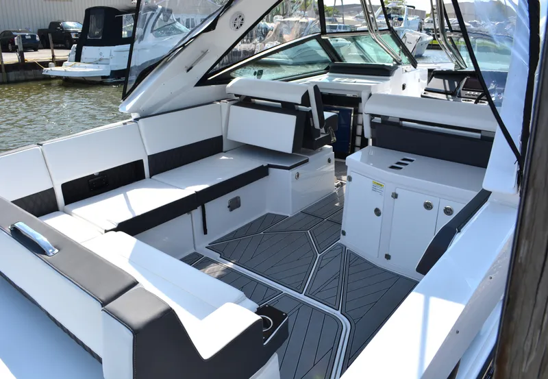 Slide: The Image of 2024 Monterey 378 Super Sport boat interior with spacious seating and modern design. - 4