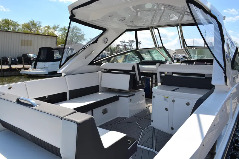 Slide: The Image of 2024 Monterey 378 Super Sport boat interior with seating and storage compartments. - 5
