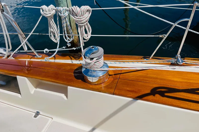 Slide: The Image of Deck of 2002 Island Packet 420 sailboat with winch and ropes. - 23