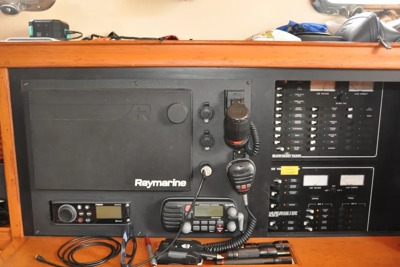 Slide: The Image of Control panel of a 2002 Island Packet 420 sailboat with Raymarine electronics. - 46