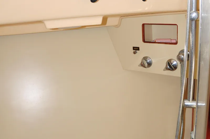 Slide: The Image of Interior view of 2002 Island Packet 420 yacht shower controls and fixtures. - 81
