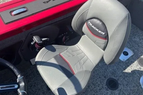 Slide: The Image of 2025 Tracker Targa V-19 WT Tournament Edition boat seat, gray with red accents. - 16