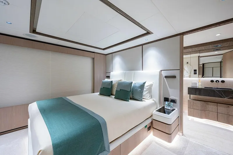 Slide: The Image of Luxurious bedroom interior of 2020 Majesty 140 yacht with modern design and elegant decor. - 38
